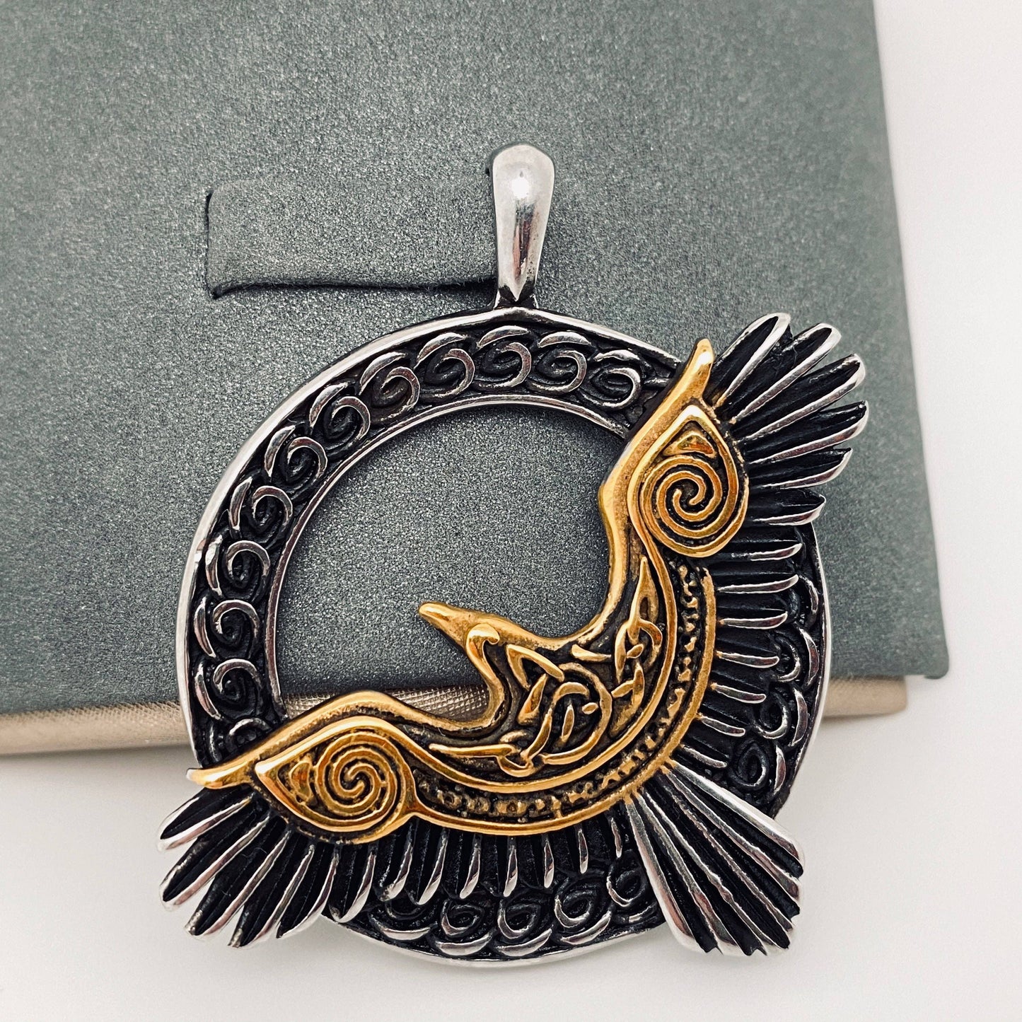 Viking Crow Pendant with Spiral Accents