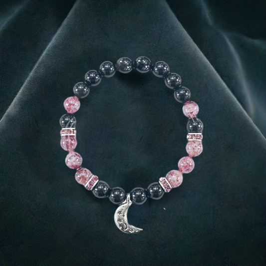 Crescent Moon Bracelet with Rainbow Obsidian and Strawberry Quartz