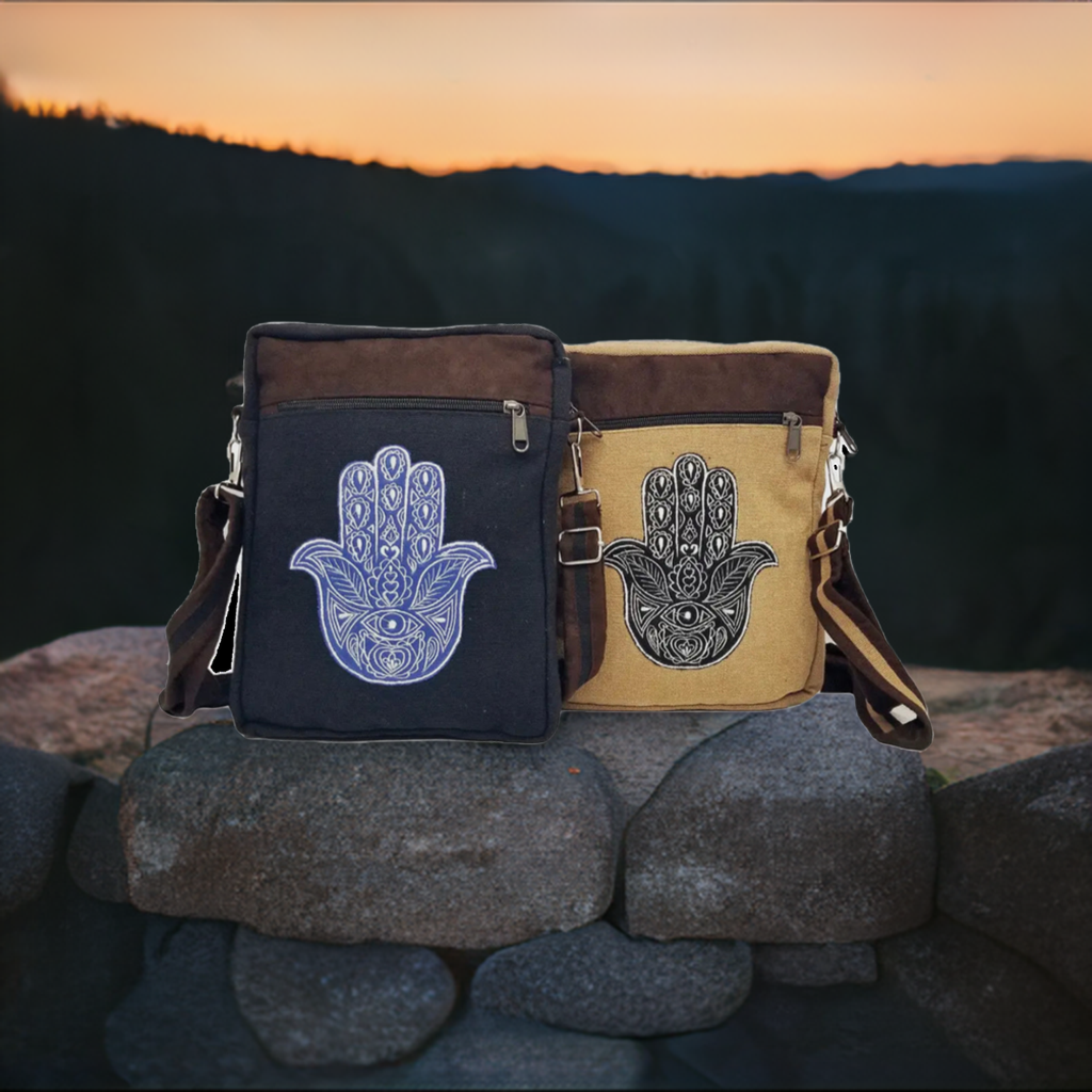 Hamsa Messenger Bag - Black with Blue Hamsa Design