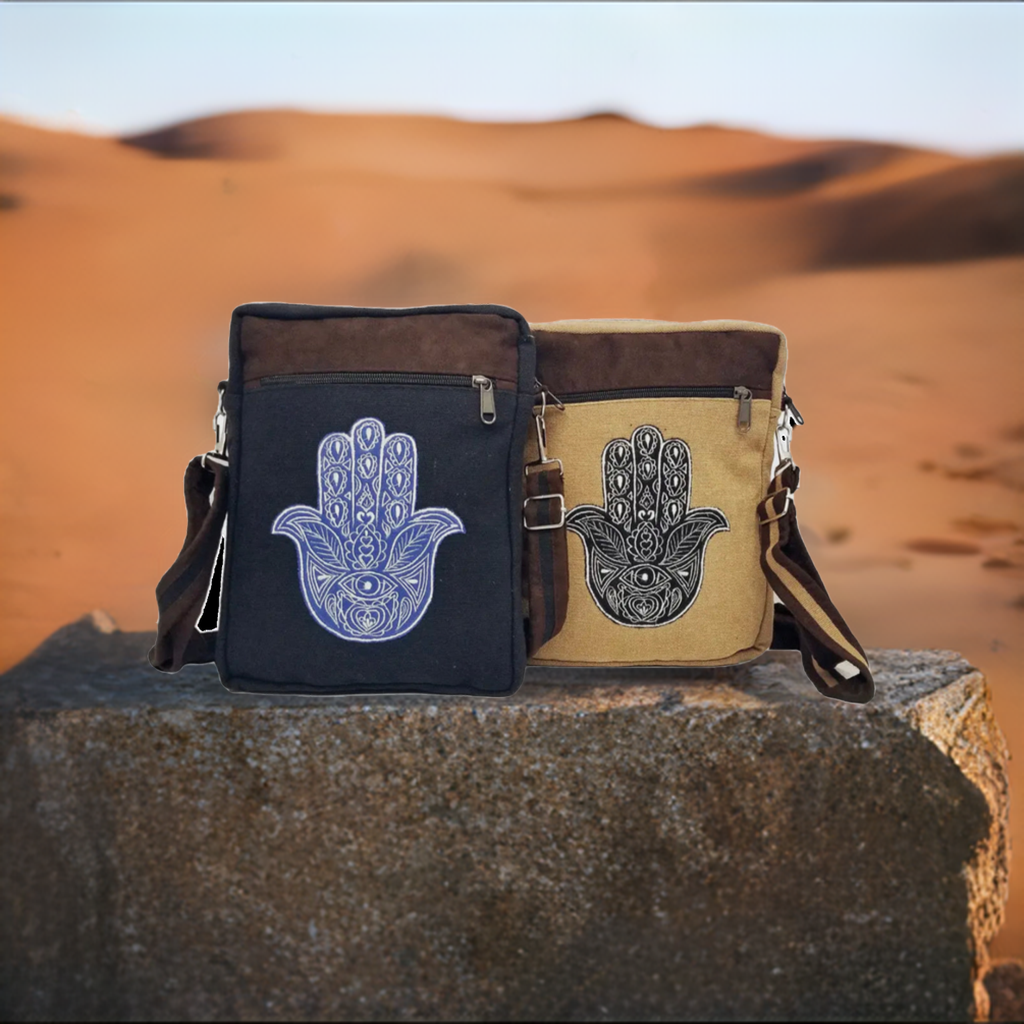 Hamsa Messenger Bag - Black with Blue Hamsa Design