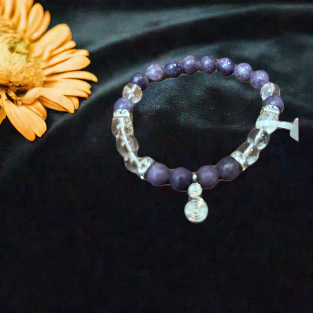 Spiral Charm Bracelet with Lepidolite and Clear Quartz