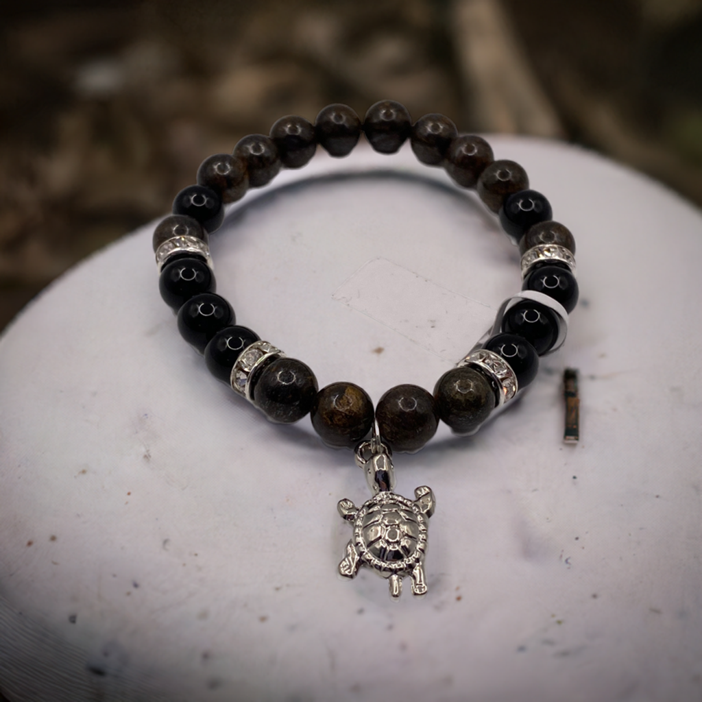 Turtle Bracelet with Bronzite and Rainbow Obsidian