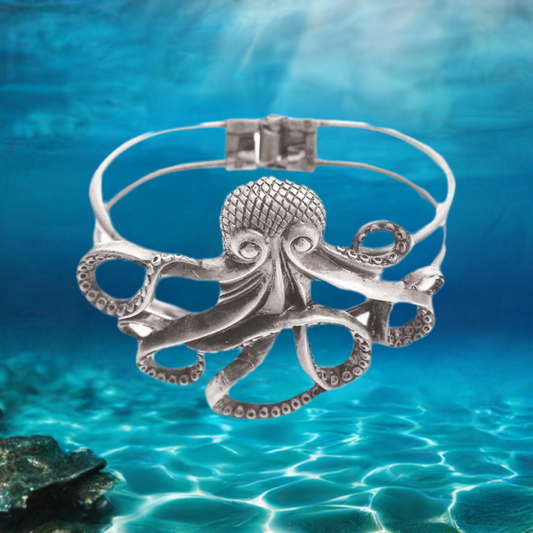 Silver Metal Octopus Hinge Cuff Bracelet