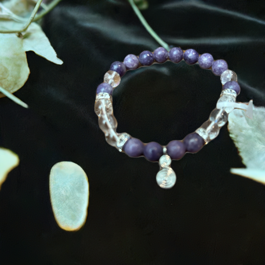 Spiral Charm Bracelet with Lepidolite and Clear Quartz