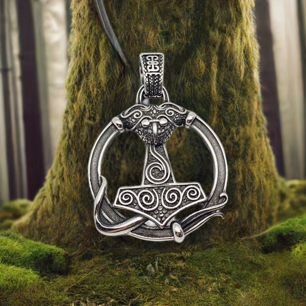 Thor's Hammer Circle with Spiral Accents - Large Pendant