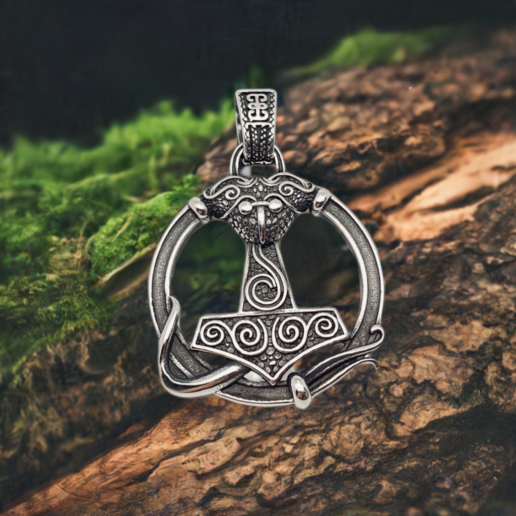 Thor's Hammer Circle with Spiral Accents - Large Pendant