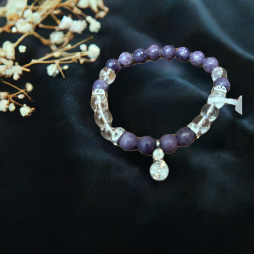 Spiral Charm Bracelet with Lepidolite and Clear Quartz
