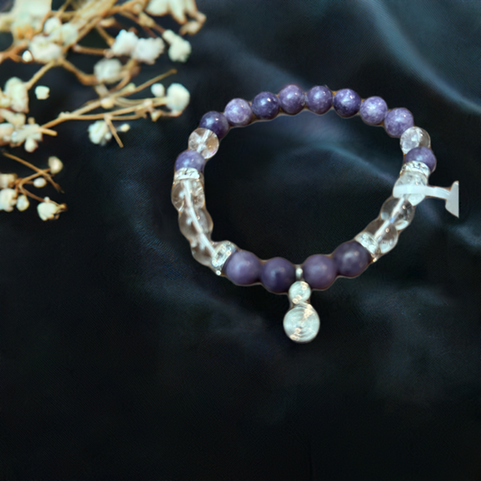 Spiral Charm Bracelet with Lepidolite and Clear Quartz