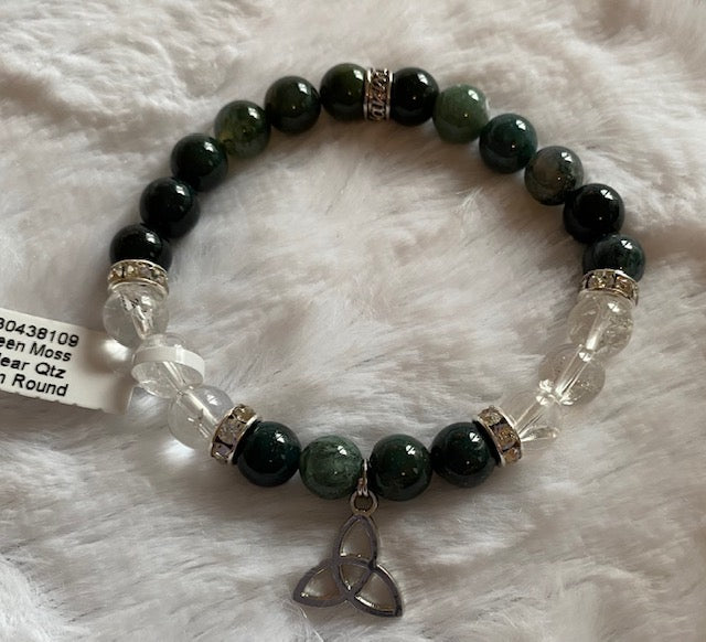 Celtic Triquetra Bracelet with Green Moss Agate and Clear Quartz