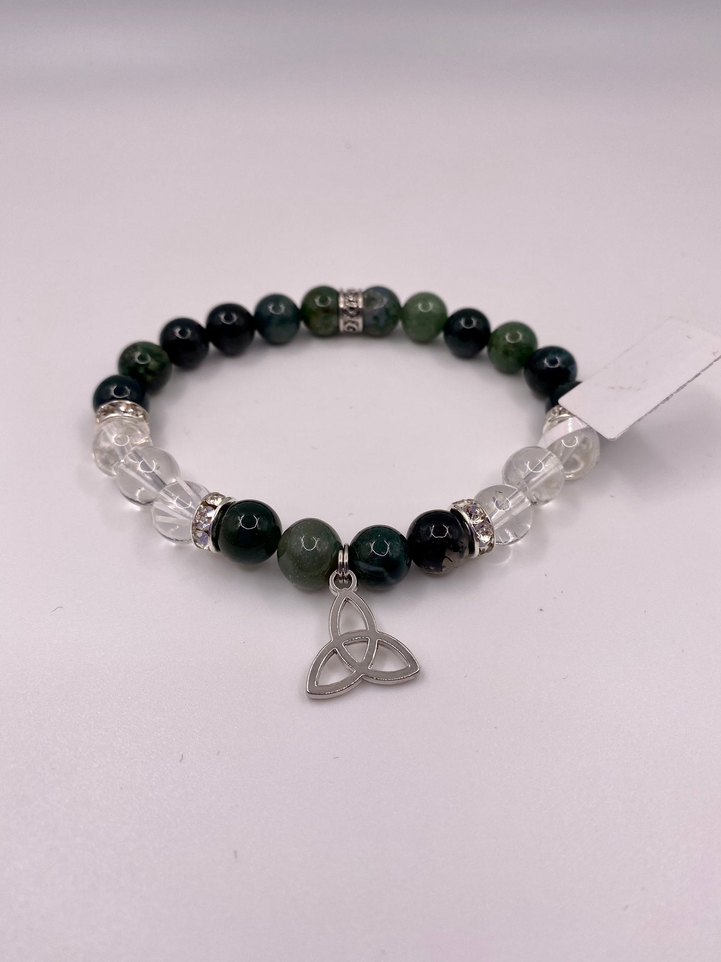 Celtic Triquetra Bracelet with Green Moss Agate and Clear Quartz