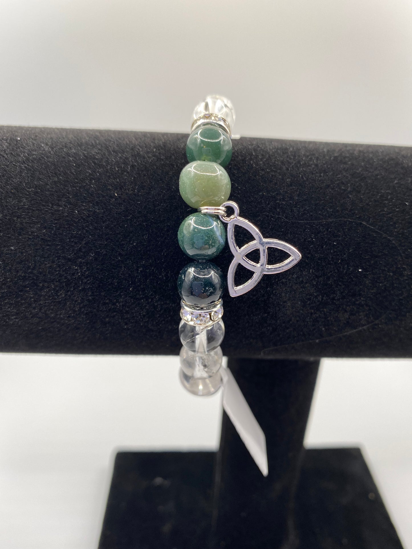 Celtic Triquetra Bracelet with Green Moss Agate and Clear Quartz