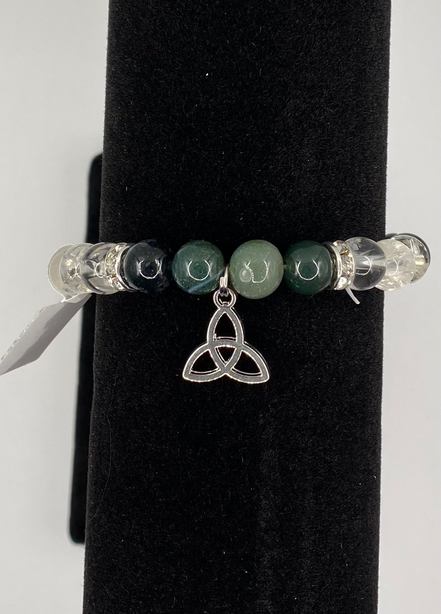 Celtic Triquetra Bracelet with Green Moss Agate and Clear Quartz