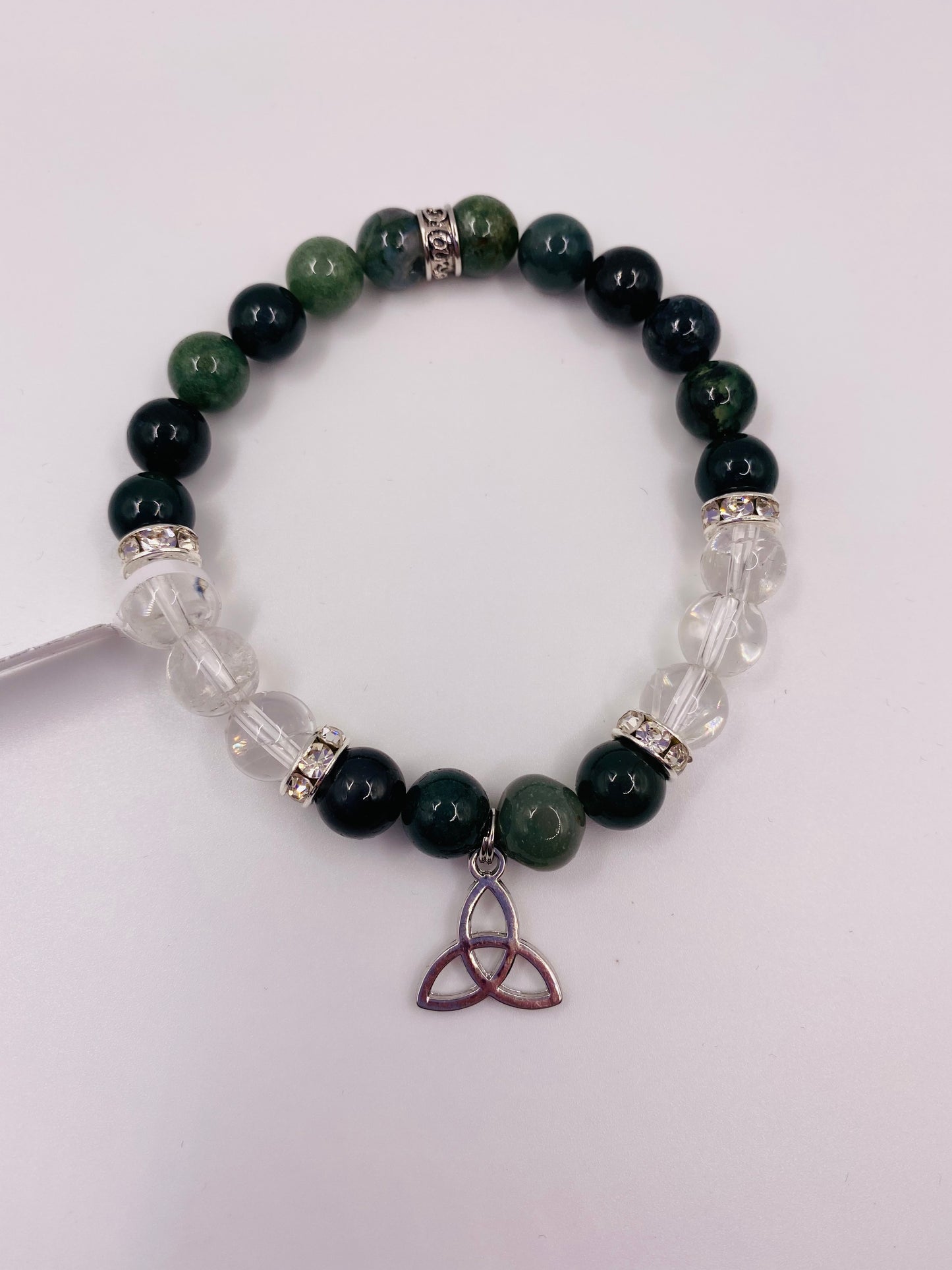 Celtic Triquetra Bracelet with Green Moss Agate and Clear Quartz