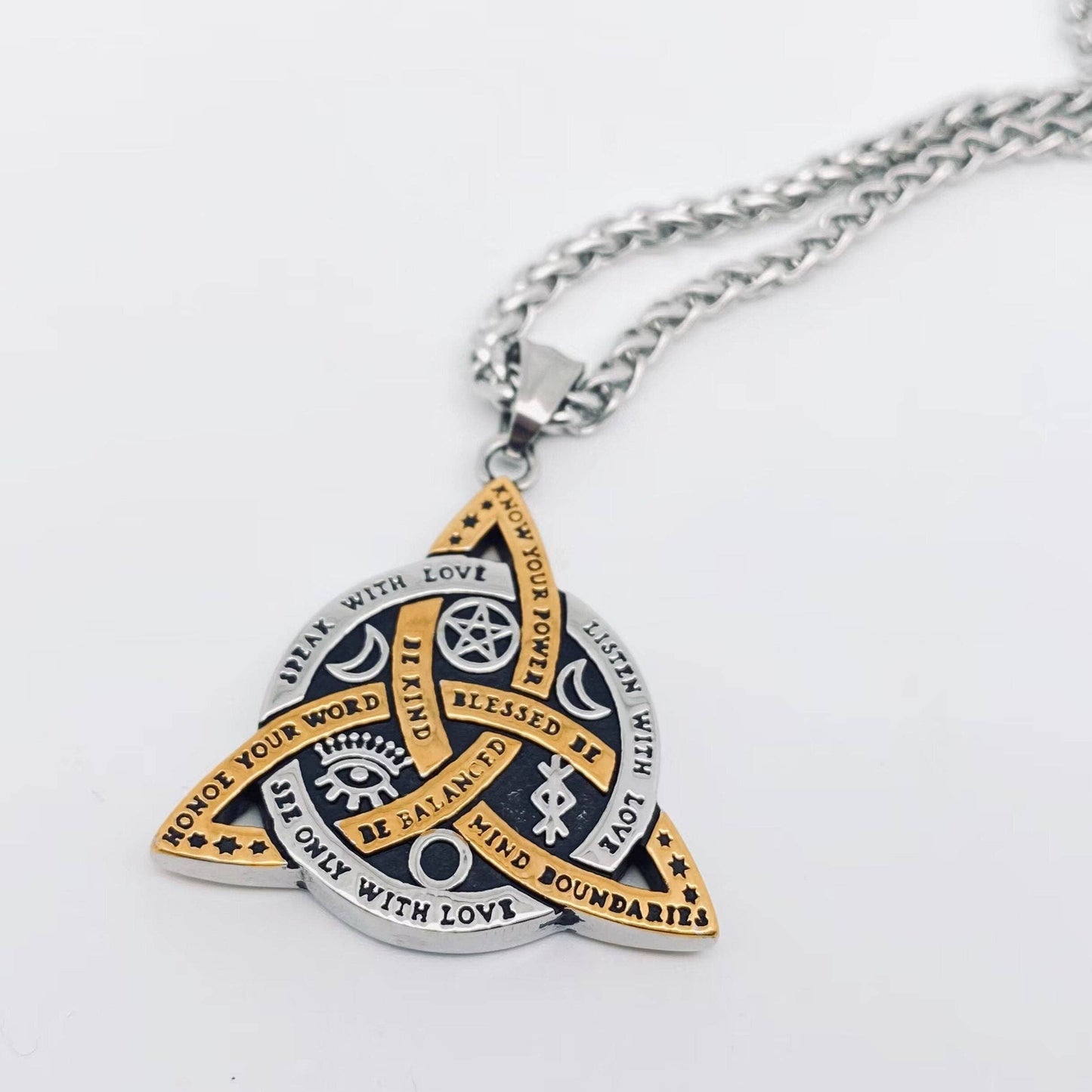 Triquetra Celtic Knot Star Moon Large Pendant Necklace