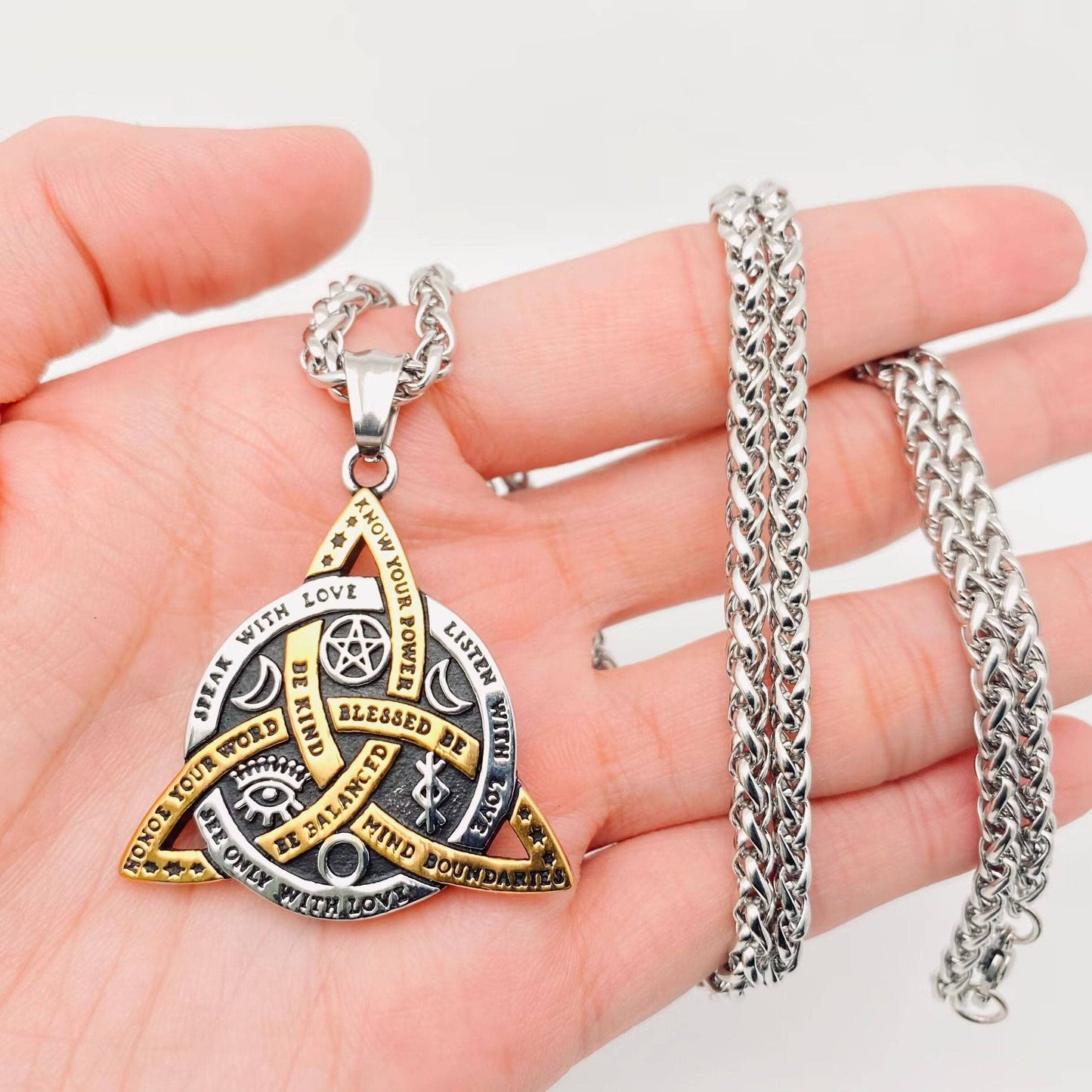 Triquetra Celtic Knot Star Moon Large Pendant Necklace