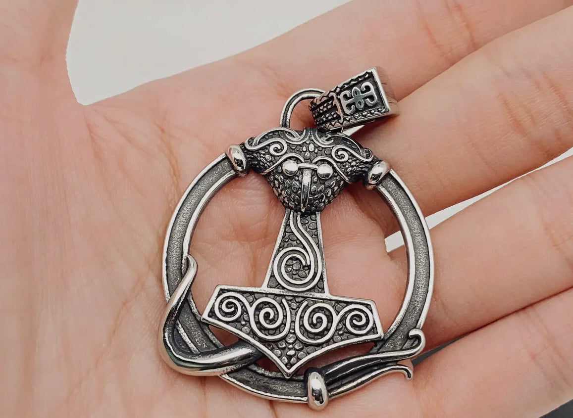 Thor's Hammer Circle with Spiral Accents - Large Pendant