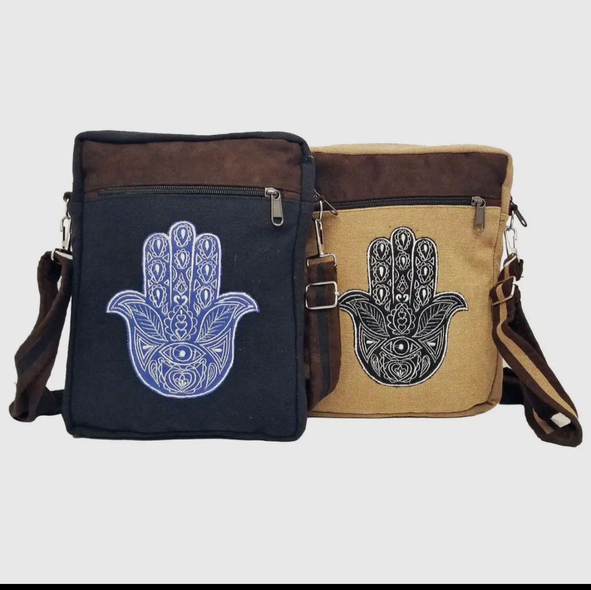 Hamsa Messenger Bag - Black with Blue Hamsa Design