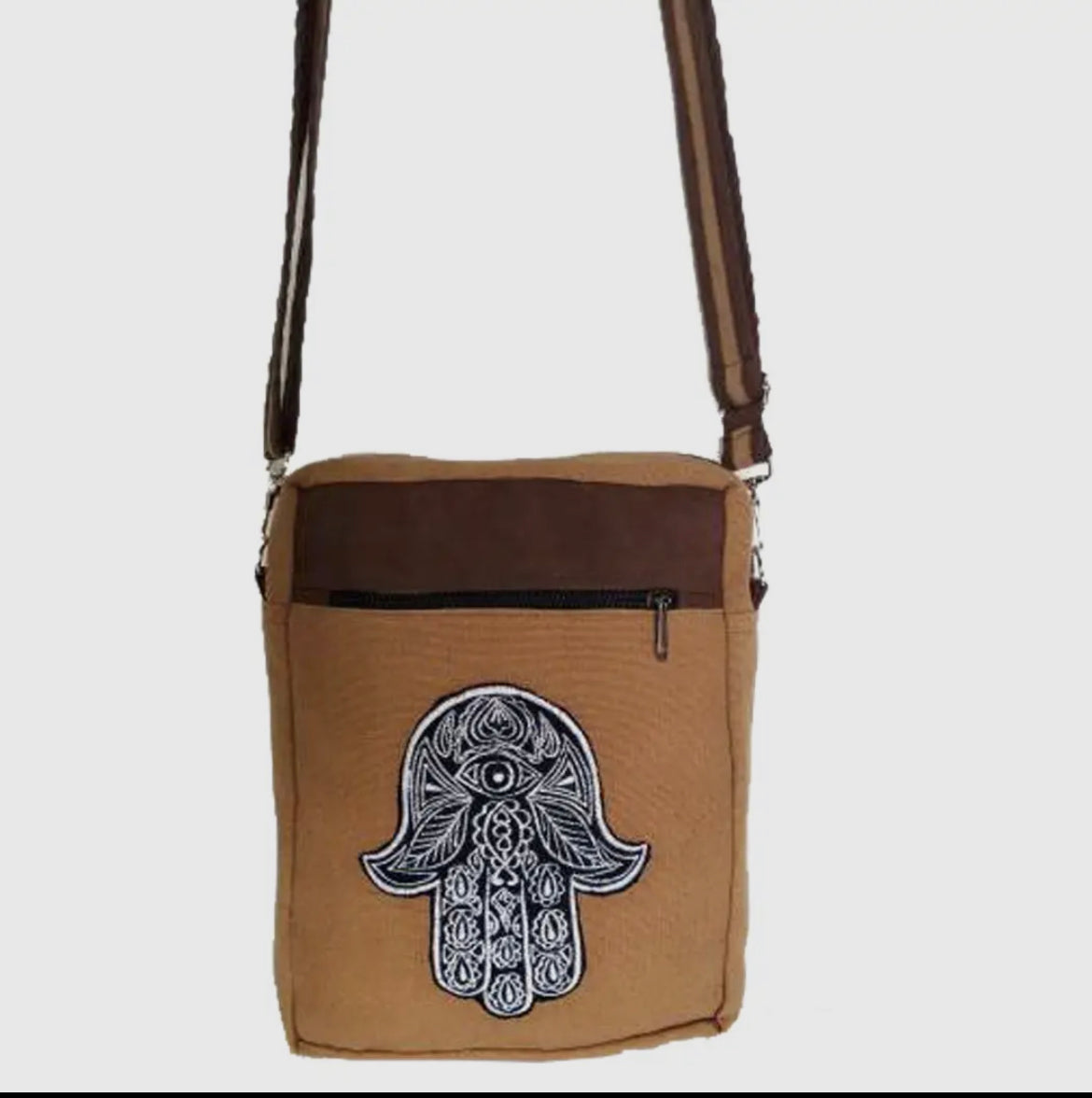 Hamsa Messenger Bag - Brown/Beige with Black Hamsa Design