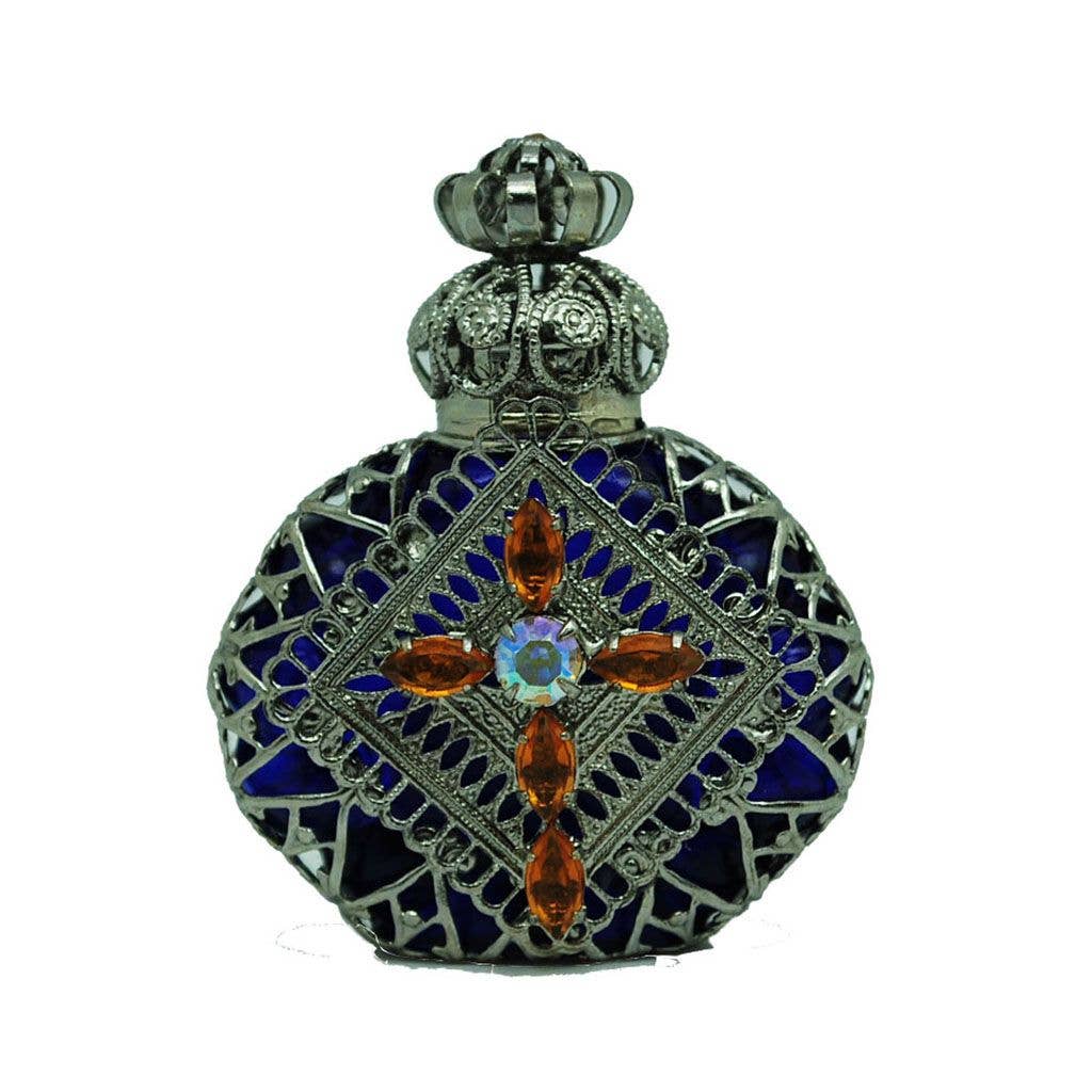 BLUE Czech Jeweled Decorative Blue Cross Perfume Oil Bottle