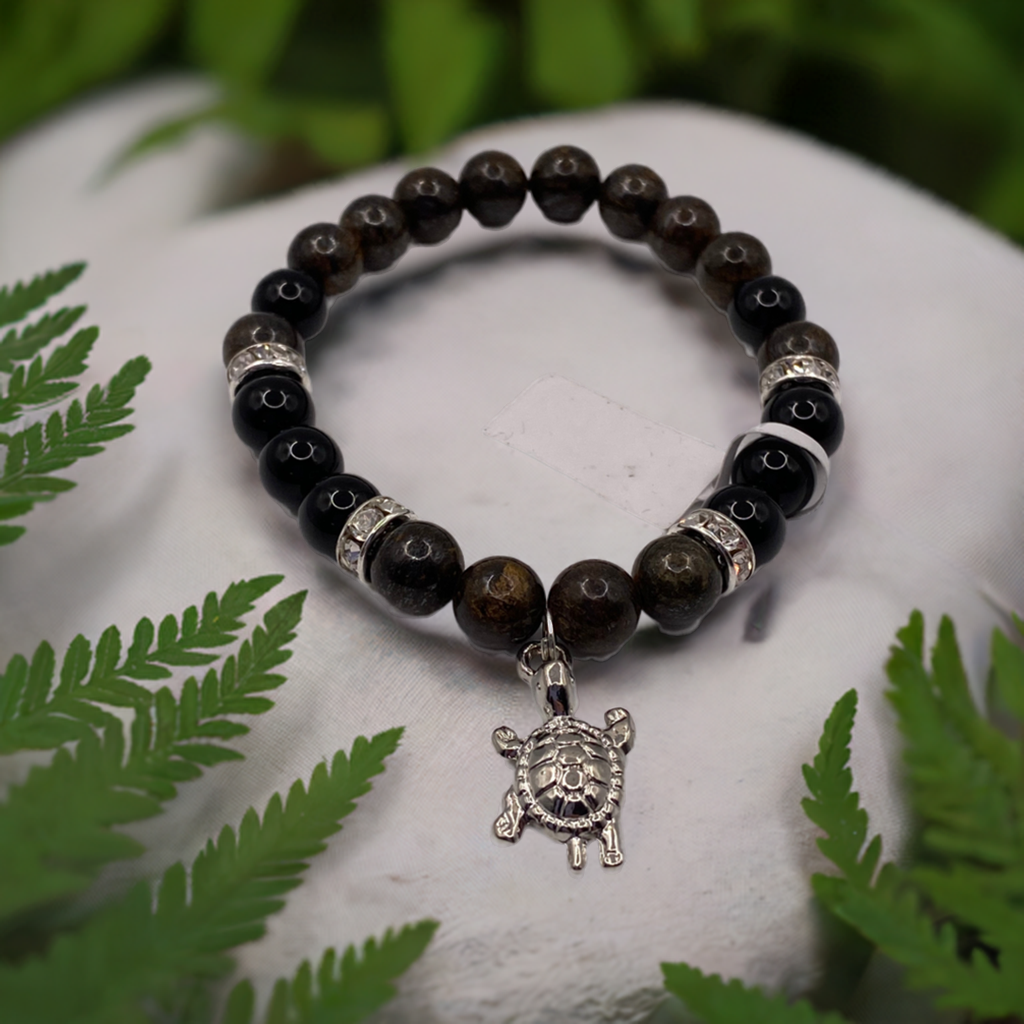 Turtle Bracelet with Bronzite and Rainbow Obsidian