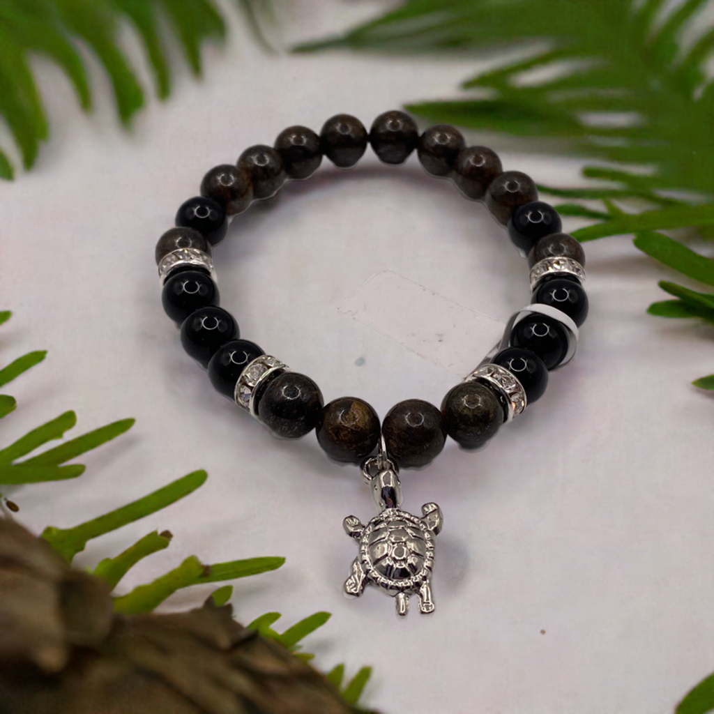 Turtle Bracelet with Bronzite and Rainbow Obsidian