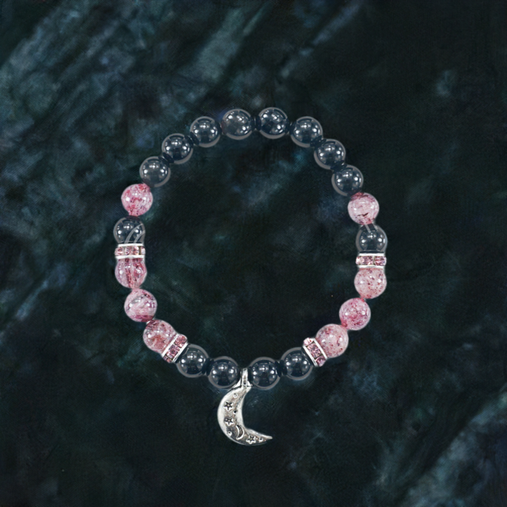 Crescent Moon Bracelet with Rainbow Obsidian and Strawberry Quartz