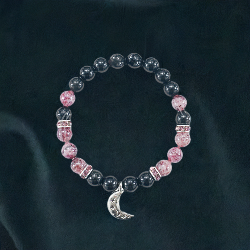 Crescent Moon Bracelet with Rainbow Obsidian and Strawberry Quartz