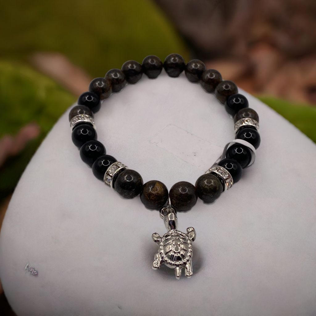 Turtle Bracelet with Bronzite and Rainbow Obsidian