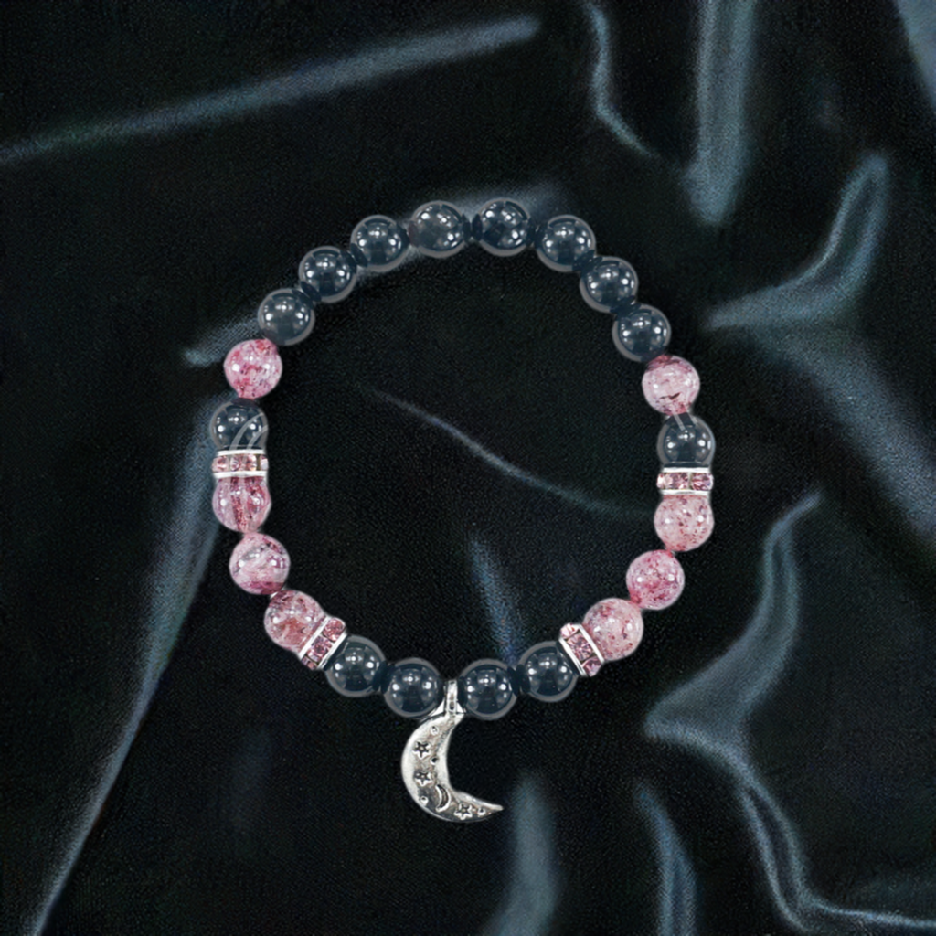 Crescent Moon Bracelet with Rainbow Obsidian and Strawberry Quartz