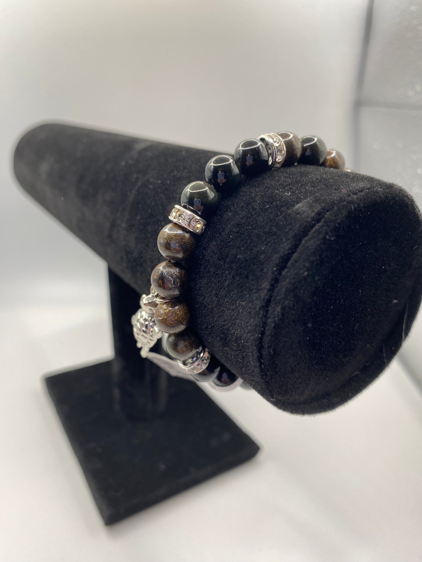 Turtle Bracelet with Bronzite and Rainbow Obsidian