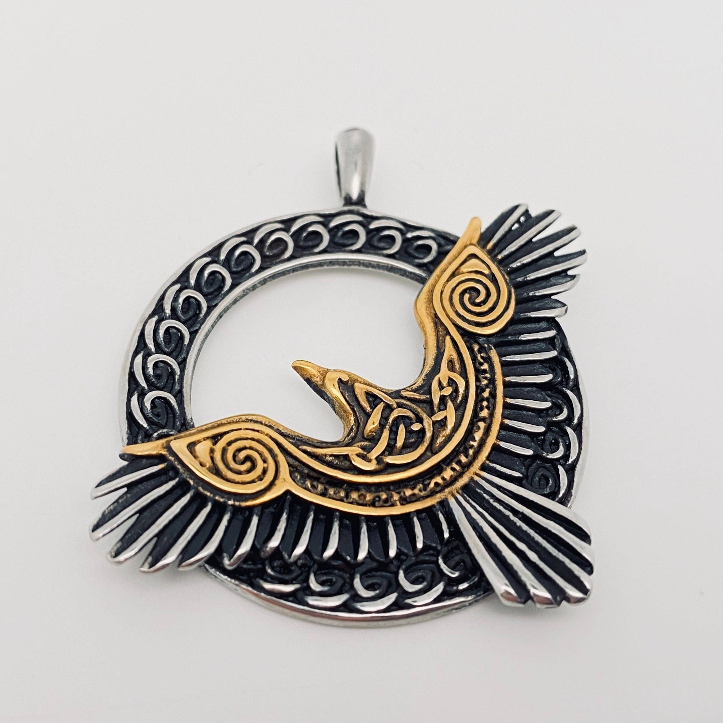 Viking Crow Pendant with Spiral Accents